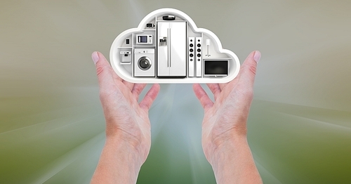 Digital composition of hand holding a cloud shape with home appliance
