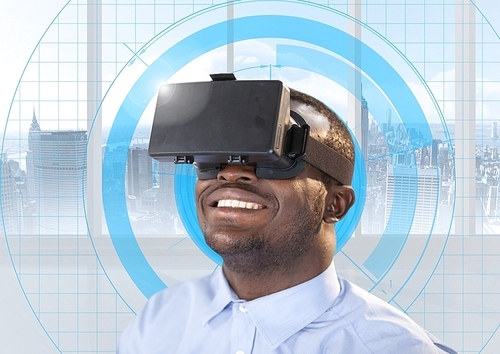 Digital composition of man using virtual reality headset with in office with cityscape in background