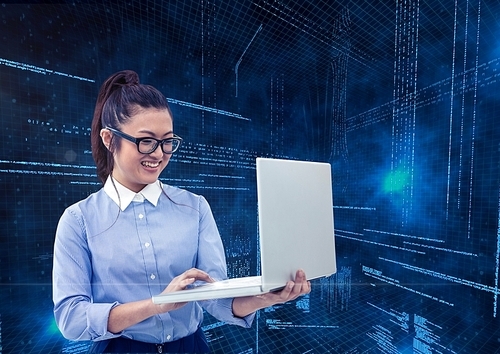 Digital composition of Businesswoman using laptop with binary codes in blue background