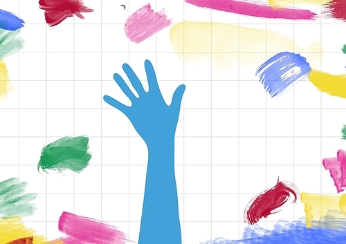 Digital composition of drawn hand shape on paper with color strokes