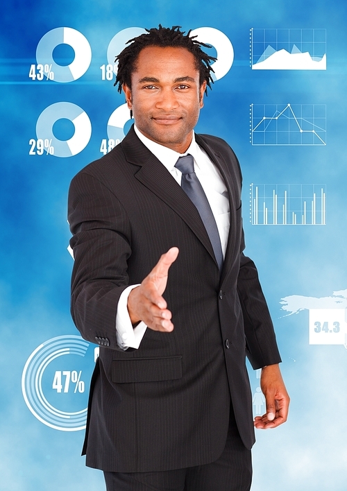 Digital composition of businessman offering hands for handshake with various charts in background