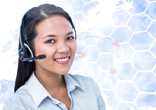 Digital composition of happy woman talking on headset