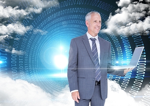 Digital composition of businessman holding laptop with binary codes and clouds in background