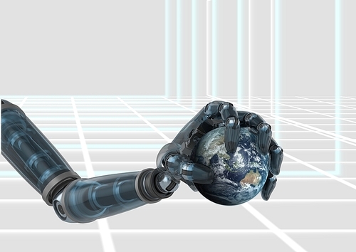 Digital composite of robot hand holding little earth against digital background