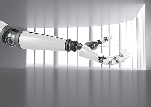 Digital composite of Robot hand against modern large room