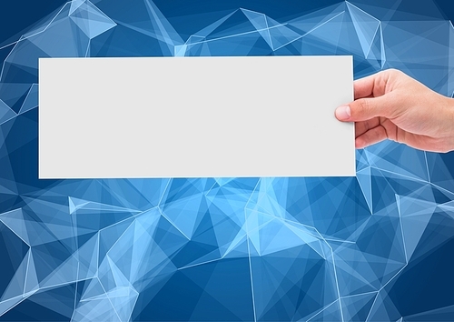 Digital composite of Hand Holding White paper against blue polygon graphic background