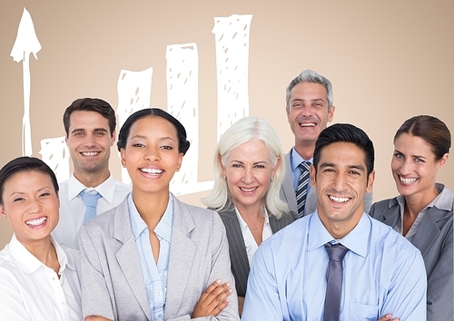 Digital composite of Business People Standing in front of camera against graph on beige background