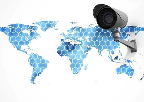 Digital composite of Security camera on white and blue map