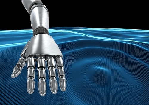 Digital composite of Robot hand against blue Waves 3D