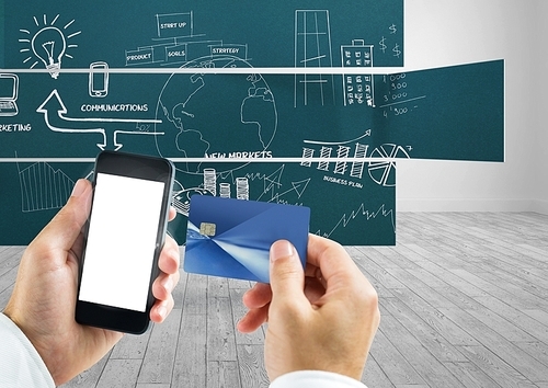 Digital composite of Hands holding cell Phone and Bank Card against blackboard with Ideas