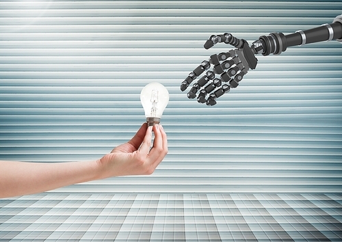 Digital composite of human hand giving lightbulb to robot hand against striped background