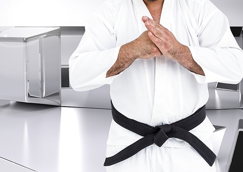 Digital composite of karateka doing kung fu against white modern room