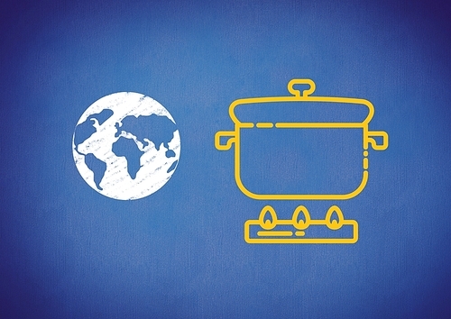 Digital composite of cooking pot with world globe against blue background