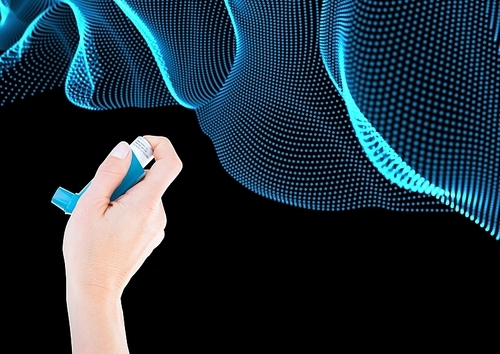 Digital composite of Hand holding ashtma inhaler against blue curves