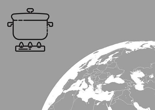 Digital composite of cooking pot against World globe on grey background