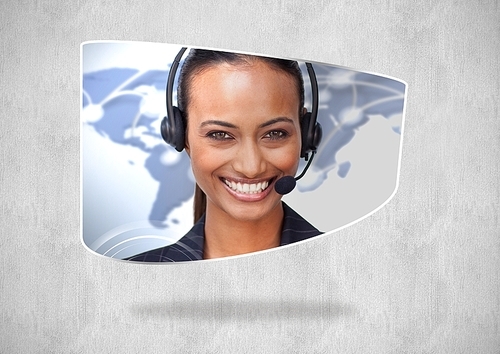 Digital composite of Travel agent smiling against neutral background