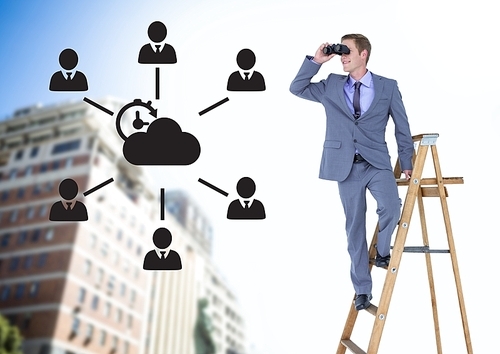 Digital composite of Businessman on a Ladder looking at his objectives against city view