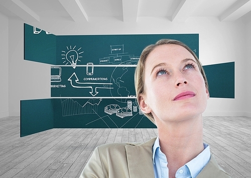 Digital composite of Business woman looking up in the sky against sketches on wall