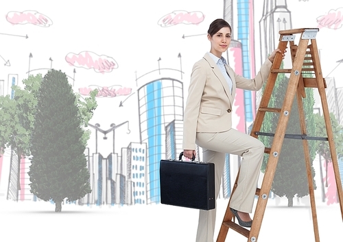 Digital composite of Business woman on a Ladder against city drawing on background