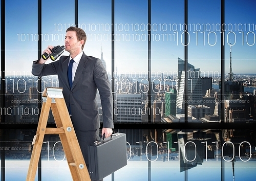 Digital composite of Businessman on a Ladder looking at his objectives against city view