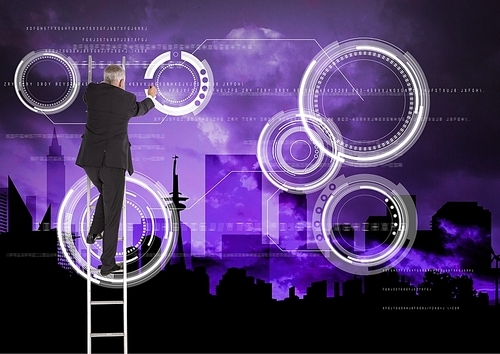 Digital composite of Businessman on a Ladder writing against a purple background