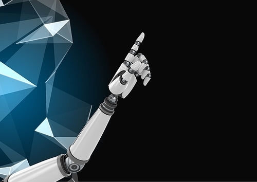Digital Composite Image of a robotic hand with polygon against a black background