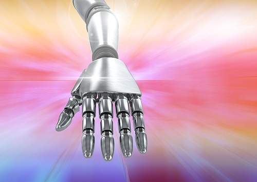 Digital Composite image of robotic hand against a colorful background