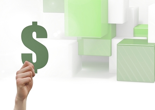 Digital composite of Composite Image of a Hand holding Money against Green Building blocks against a white background