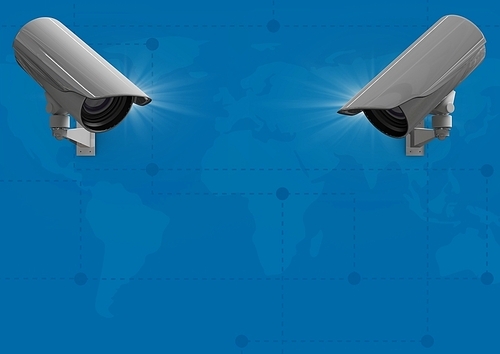 Digital Composite Image of a Security cameras against blue map background