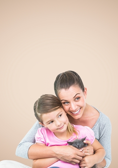Digital composite of Mother and Daughter Smilling against a neutral background