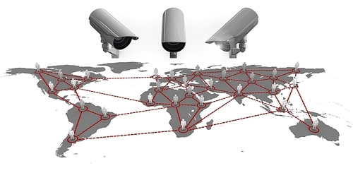 Digital cComposite Image of a Security cameras against a white and grey map background