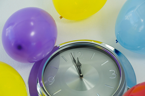 Close-up of balloons and clock hands reaching 12 o clock midnight