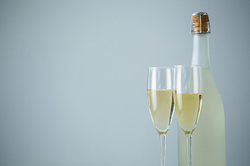 Glass of champagne with champagne bottle against white background