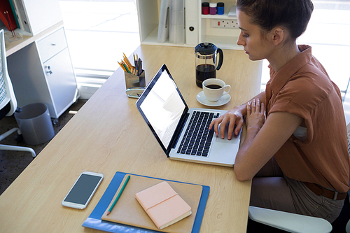 Female executive working over laptop at her desk in office