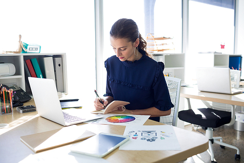 Female executive writing in diary at her desk in office