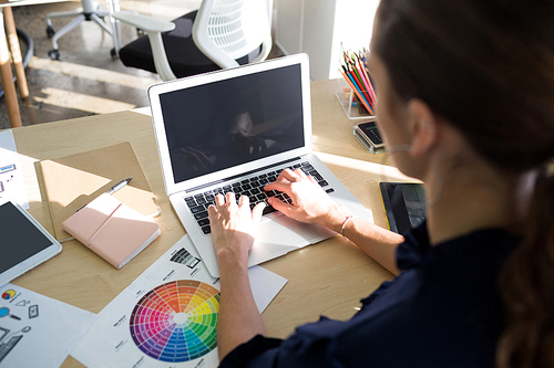 Female executive working over laptop at her desk in office