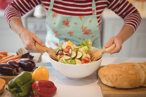 Mid section of senior woman mixing vegetables salad in kitchen at home