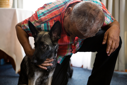 Senior man petting dog at nursing home