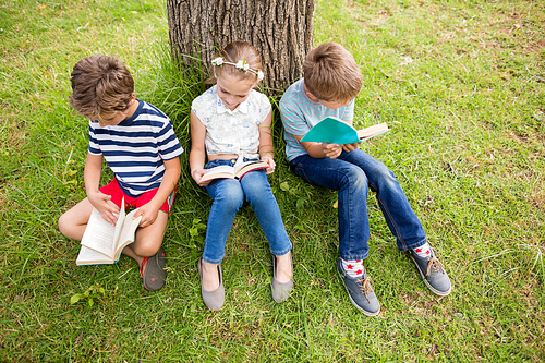 Kids sitting under tree and reading books in park on a sunny day