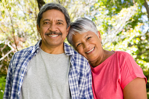 Portrait of smiling senior couple in garden on a sunny day