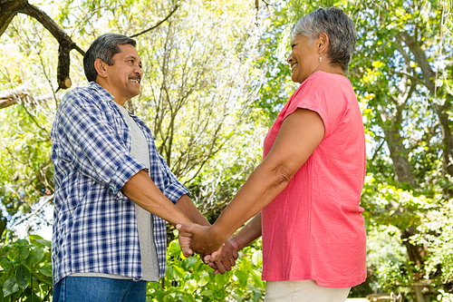 Romantic senior couple holding hands in garden on a sunny day
