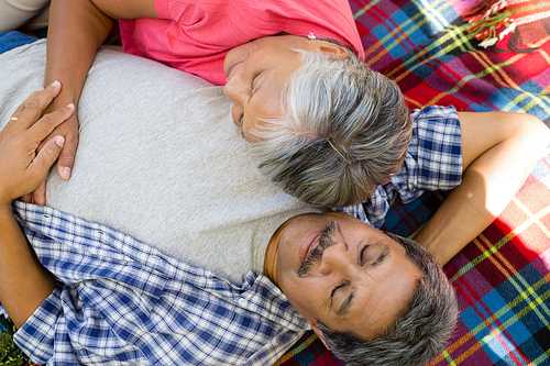 Senior couple laying on blanket at the park