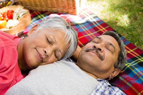 Senior couple laying on blanket at the park