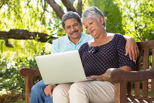 Senior couple using laptop in the garden