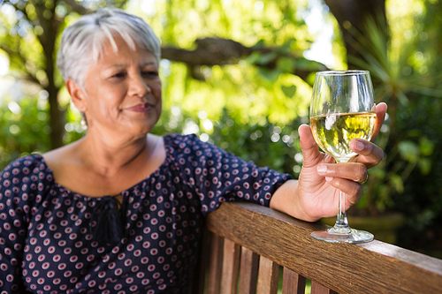 Senior woman holding wine glass at the park