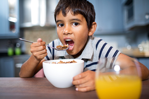 Close up portrait of boy looking away while having breakfast at home