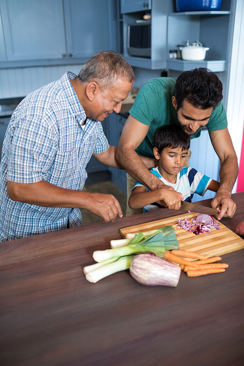 High angle view of man looking at boy cutting onion with father in kitchen at home