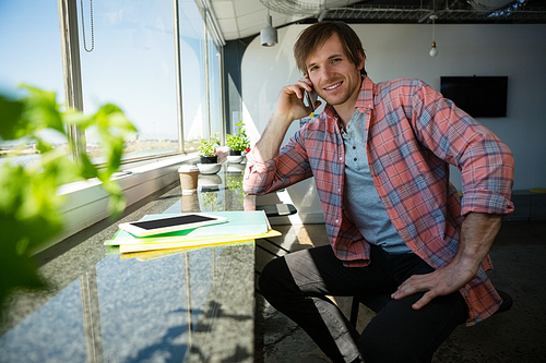 Portrait of smiling young businessman talking on phone by window at office