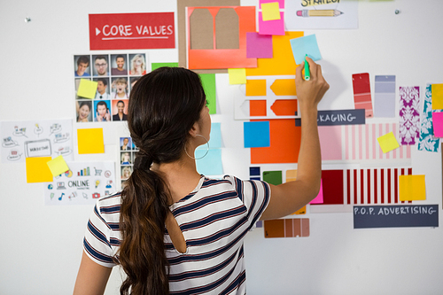 Rear view of businesswoman writing on sticky note in creative office