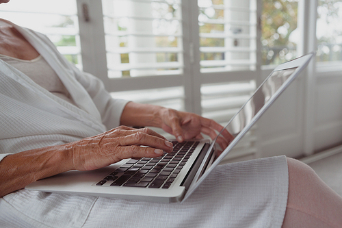 Mid section of active senior Caucasian woman using laptop on chair in a comfortable home